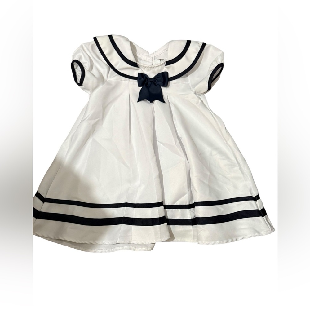 Rare Editions Girls Sailor Dress White with Navy with Bow. - Picture 6 of 11